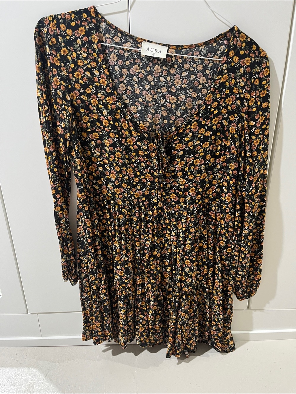 Aura Black Floral Long-Sleeve Tiered Mini Dress with Tie Front